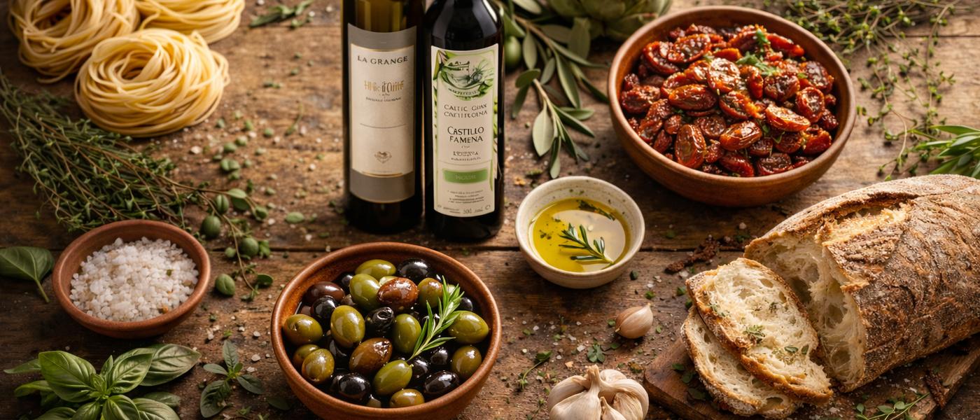 Mediterrane Delikatessen auf einem rustikalen Holztisch